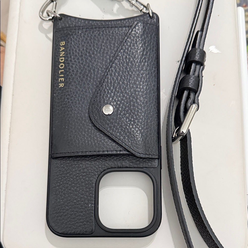 Hailey Side Slot Leather Crossbody Bandolier - Black/Silver - iPhone 14 Pro Max